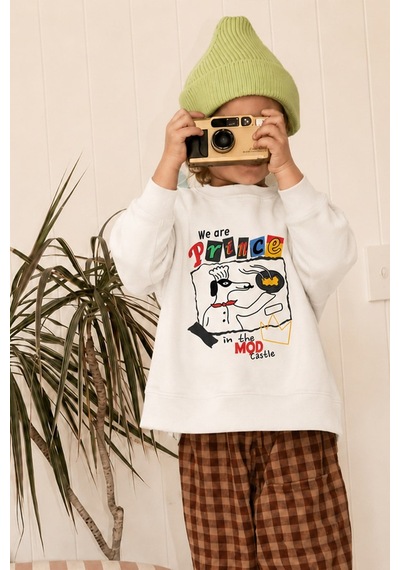Monila Erkek Çocuk 3 İplik Kumaş Baskılı Pamuklu Sweatshirt Ekru