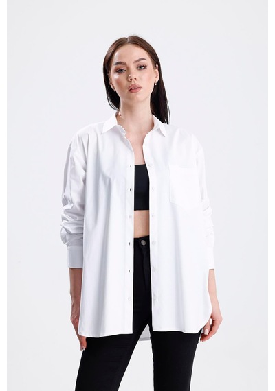 Sweetness Kadın Beyaz Oversize Likralı Pamuklu Cepli Uzun Kol Gömlek Beyaz