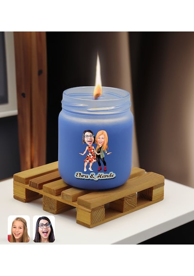 Bk Gift Kişiye Özel Dtf Anne Kız Karikatürlü Mavi Renkli Cam Kavanozda Kokulu Mum-1, Arkadaşa Hediye, Anneye Hediye, Doğum Günü Hediyesi