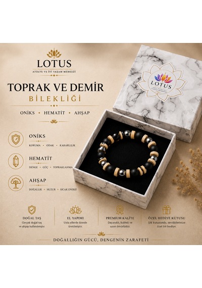 Toprak Ve Demir Premium Bilekliği Oniks, Hematit & Ahşap