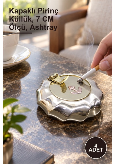 4 Adet Pirinç Çapalı Kapaklı Küllük Kapaklı Pirinç Küllük, 7 Cm Ölçü, Ashtray