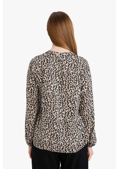 Defacto Regular Fit Bisiklet Yaka Leopar Desenli Uzun Kollu Bluz N1809az26sper103 Ekru-er103