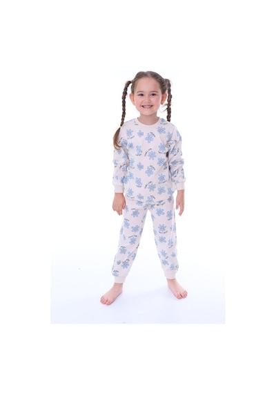 Kız Çocuk Mavi Çiçek Desenli Uzun Kollu Pijama Takımı-912 Mavi