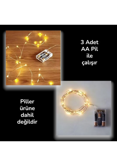 Peri Led Işık 5 Metre Sarı Pilli Aydınlatma Şerit Saçak Spot Süsleme 2x Aa Pilli Dekoratif Tel Led 5 METRE
