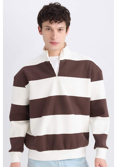DeFacto Boxy Fit Fermuarlı Dik Yaka Çizgili Sweatshirt C7045AX24AUBN497 Kahve Kahverengi