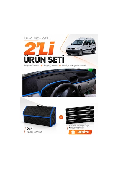 Renault Kangoo 2 Airbagsiz 2004-2008 Uyumlu Torpido Örtüsü + Deri Bagaj Çantası Seti - Siyah Mavi
