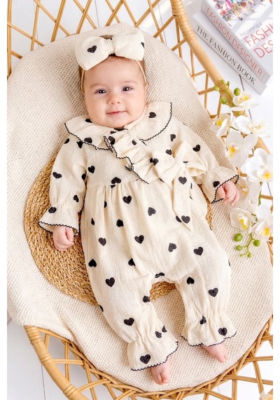 Babymod Kalp Desenli Fiyoklu 100% Pamuk Bandanalı Kız Bebek Tulum Siyah