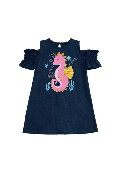 Denokids Denizatı Unicorn Kız Çocuk Lacivert Yazlık Penye Elbise