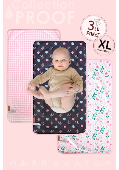 3lü Alt Açma Değiştirme Örtü Sıvı Geçirmez Koruyucu Alez Yıkanabilir Bebek Bakım Pedi XL PembeGrup