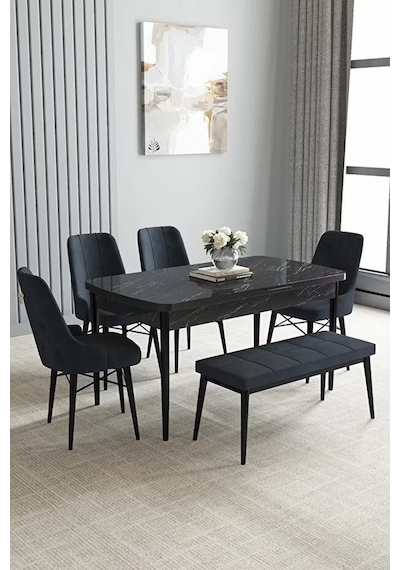 Loft Siyah Mermer 80x132 Açılabilir Mdf Masa Yemek Odası Takımı, Mutfak Takımı 4 Sandalye, 1 Bench Antrasit Loft Siyah Mermer 80x132 Açılabilir Mdf Masa Yemek Odası Takımı, Mutfak Takımı 4 Sandalye, 1 Bench Antrasit