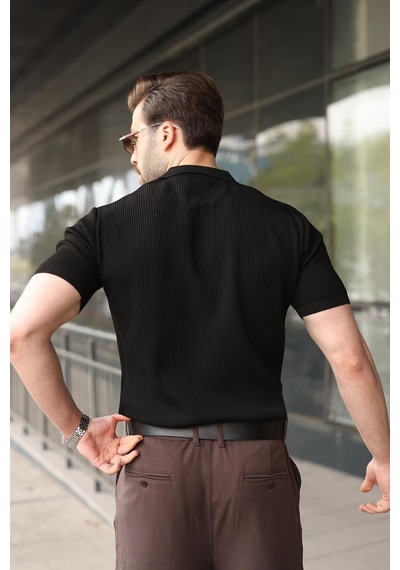 Madmext Siyah Yarım Fermuar Detaylı Polo Yaka Triko Erkek Tişört E7492