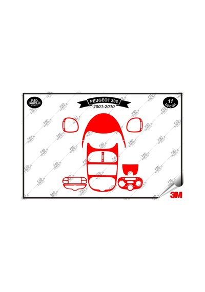 Peugeot 206 2001-2010 Torpido Konsol Trim Göğüs Maun Kaplama Set 11 Parça Kırmızı
