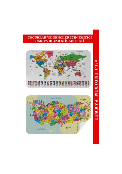 Eğitici - Öğretici Dünya Ve Türkiye Haritası Çocuk Odası Duvar Sticker-60x105-3885 Çok Renkli