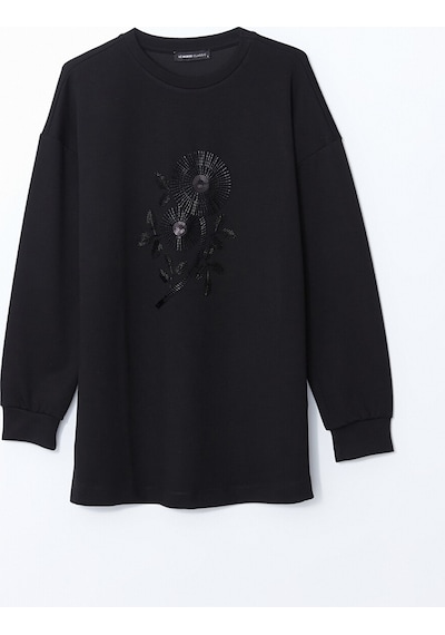 Lcwaıkıkı Classic Siyah Bisiklet Yaka Boncuk İşlemeli Kadın Sweatshirt Tunik