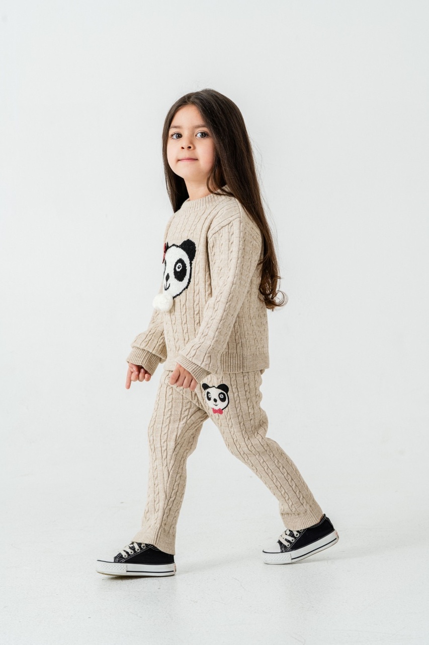 Babyhola 1-5 Yaş Kız Çocuk Panda Desenli Saç Örgü Kışlık Triko Takım 23217 Bej