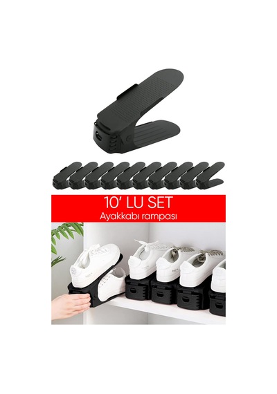 10 Lu Ayarlanabilir Ayakkabı Rampası Seti - Dolap Içi Ayakkabı Düzenleyici Organizer - Siyah Plastik Diğer