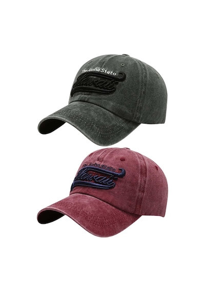 Tezzgelsin Unisex Eskitme Hawaii Nakışlı Ayarlanabilir Beyzbol Kep Şapka 2'li Set Haki - Kırmızı