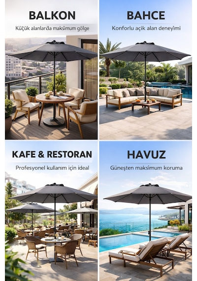 Alubrella Antrasit Renk Bahçe Şemsiyesi Yuvarlak Bidonlu, 250 Cm Çap, Su Geçirmez Kumaş Antrasit