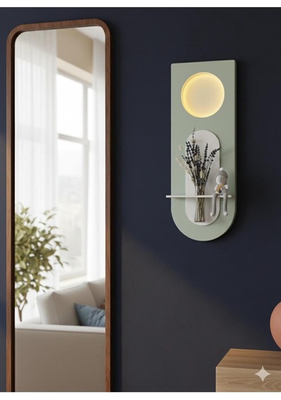 Mimoza Dekoratif Duvar Rafı Led Işıklı Ahşap İskandinav Tarzı Modern Salon Duvar Rafı Çiçeklik 30x80 Cm Yeşil - Paris Grisi