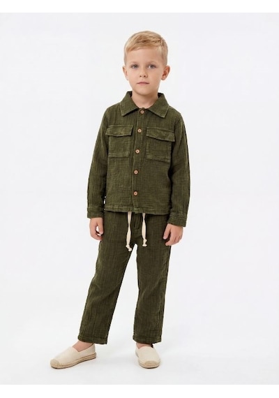 Zekids Erkek Çocuk Müslin Dokulu Rahat Kesim Pantolon-17144 Yeşil