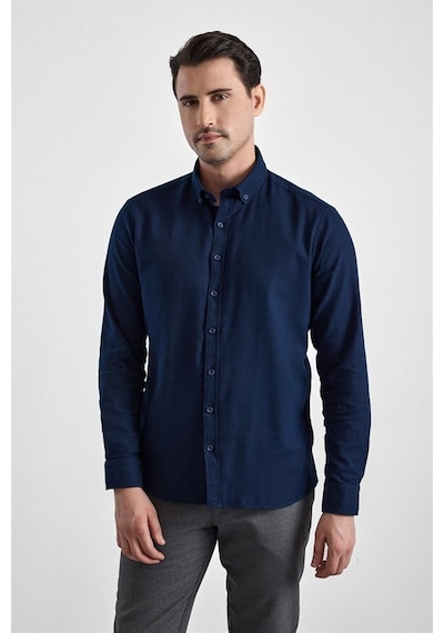 Süvari Lacivert Slim Düğmeli Yaka Düz Casual Gömlek Gm2008000264-m09