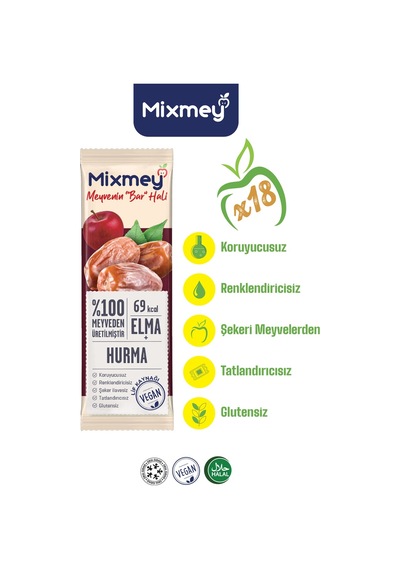 Hurma Meyve Barı 18 Adet Atıştırmalıklar Vegan, Glutensiz, Koruyucusuz 20gr X 18 Adet