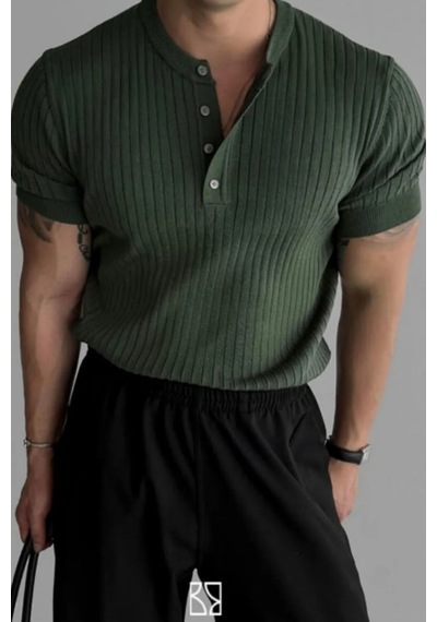 Erkek Hakim Yaka Düğmeli Triko T-shirt Haki