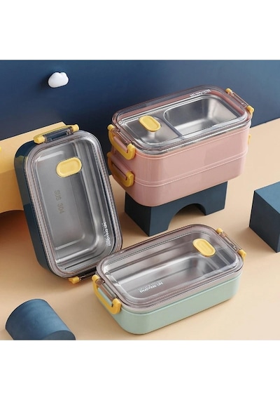Vagonlife Bento Lunch Box Sefer Tası 2 Kat Taşıma Kulplu Çelik Ff367 Pudra