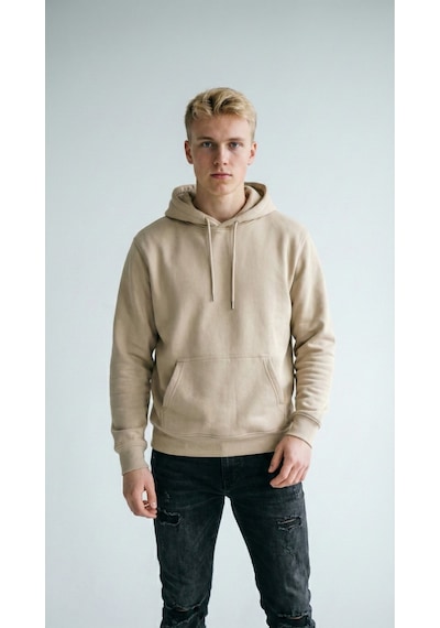 Hoxie Unisex Rahat Kesim Pamuklu Yumuşak Dokulu İçi Polarlı Basic Desenli Kapüşonlu Sweatshirt Bej