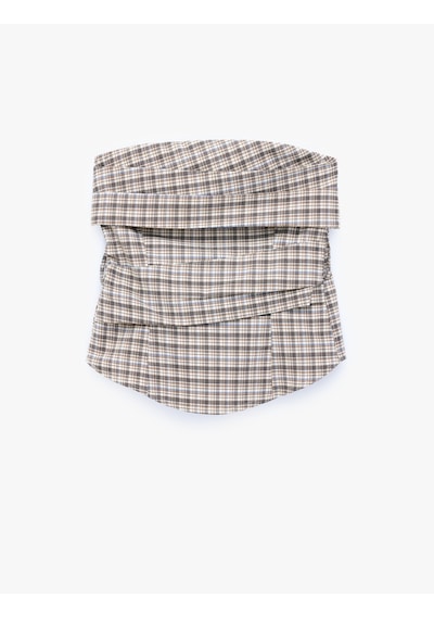Koton Arkası Gipeli Slim Fit Katmanlı Straplez Ekose Bluz Kahverengi Ekose 7wak30016pw Kahverengi Ekoseli