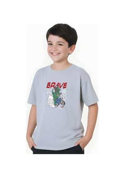 Panios Kids Brave Baskılı Erkek Çocuk Kısa Kollu Tişört Gri