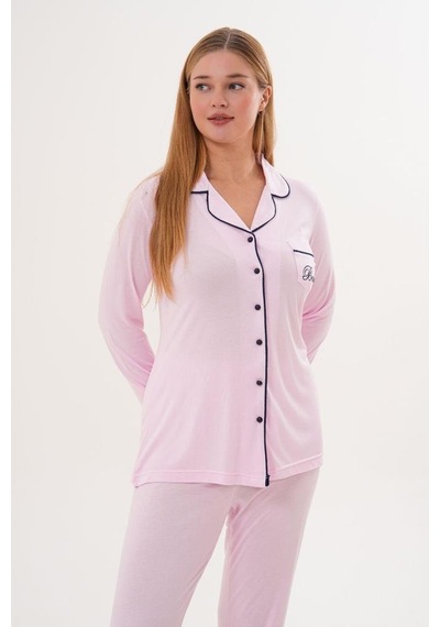 Mecit Pijama Mecit 6307 Pembe Boydan Düğmeli Kadın Pijama Takımı Pembe