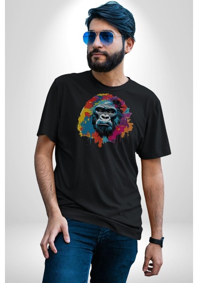 Renkli Maymun Goril Unisex Unisex Siyah Organik Baskılı T-shirt Penye Yüksek Kalite Siyah