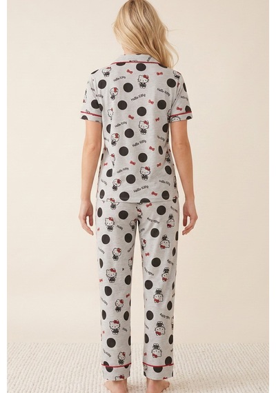 Siyah İnci Hello Kitty Lisanslı %100 Pamuk Pembe Çok Renkli Düğmeli Biyeli Pijama Takım 26120451 Gri Melanj