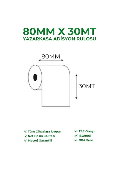80x30 Termal Rulo Yazarkasa Adisyon Rulosu 5 Paket 50 Adet Tse Belgeli Bpa Free