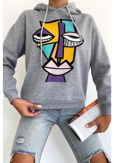 Femelle Kadın Yeni Sezon Karakter Baskılı Kapüşonlu Pamuklu Sweatshirt Gri