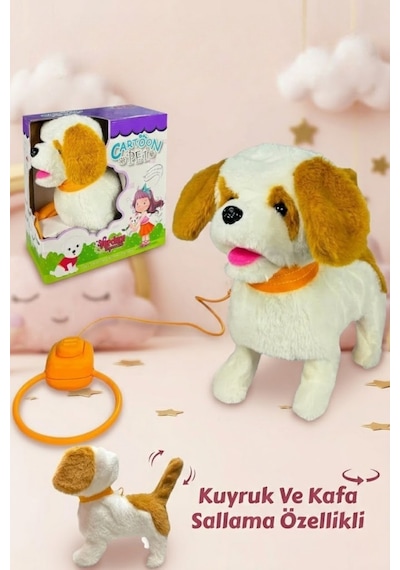 Vardem Oyuncak Tasma Kumandalı Yürüyen Havlayan Ve Kuyruk Sallayan Peluş Köpek Beyaz - Kahverengi