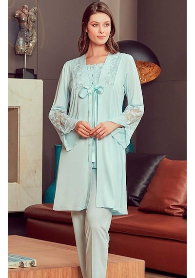 Bone Club 4906 Turkuaz Hamile Lohusa 3 Lü Dantel Kollu Pijama Sabahlık