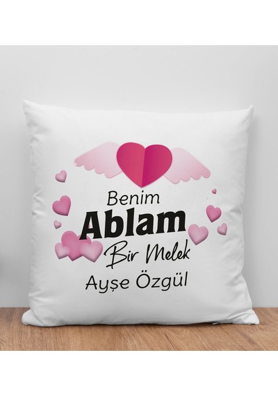 Bk Gift Kişiye Özel Benim Ablam Bir Melek Tasarımlı Beyaz Kırlent Yastık, Ev si, Doğum Günü si