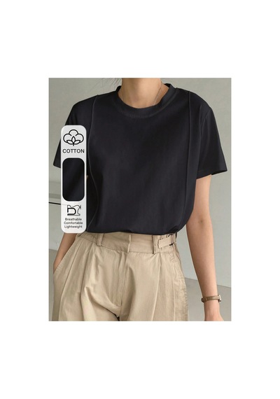Cool Tarz Kadın Basic Ön Çizgi Detaylı Bisiklet Yaka Tişört Rahat Kalıp Günlük T-shirt Siyah Siyah