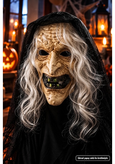 Cadı Maskesi Gri Saçlı Korkunç Yaşlı Cadı Halloween Korku Kostüm Maskesi Çok Renkli
