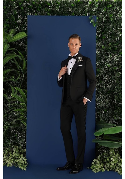 Efor Black 070 Slim Fit Yelekli Çıkarılabilir Saten Yaka Siyah Damatlık Smokin Takım Siyah