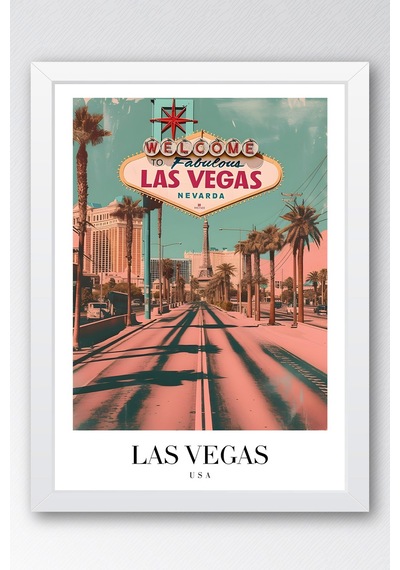 Las Vegas Welcome Vintage Seyahat Posteri Çerçeveli Tablo - Premium Nevada Elit Duvar Dekoru Beyaz