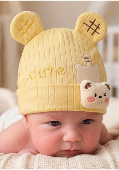 Kayra Baby Erkek Bebek Cute Ayıcık Figürlü Penye Şapka 0-9 Ay Sarı