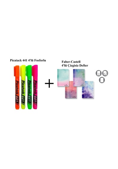 Picatack 441 Fosforlu Kalem 4'lü Set + Karton Kapak Dik A5 Watercolors 4'lü Çizgisiz Defter Karışık