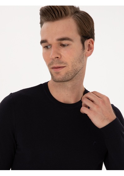 Cacharel Lacivert Slim Fit Pamuk Karışımlı Bisiklet Yaka Basic Triko Kazak
