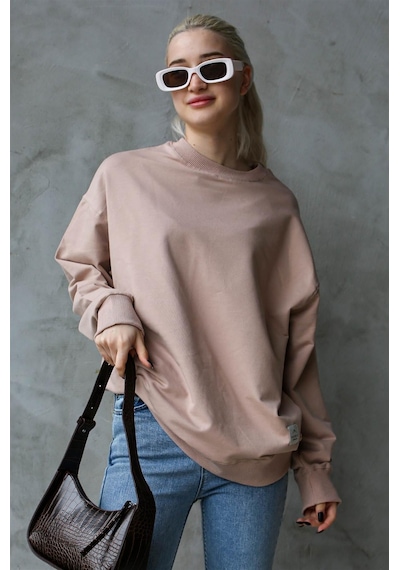 Madmext Pudra Basic Oversize Kadın Sweatshirt Mg1686 Pudra