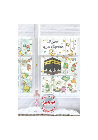 Ramazan Ayı Temalı Süsleme, Kabe Ve Ramazan Figürleri Cam Duvar Sticker Seti Şeffaf Çok Renkli