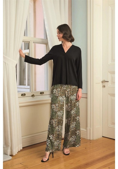 Mega Fair Çiçek Yaprak Ve Etnik Desenli Uzun Kollu Pijama Takımı Siyah