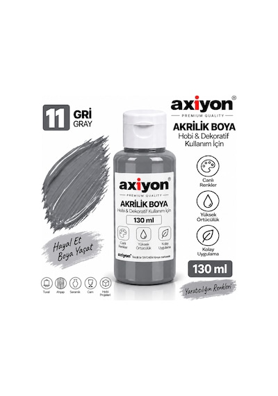 Axiyon Art Akrilik Boya 130 Ml Gri 2'li Paket Su Bazlı Hobi Ve Dekoratif Boya